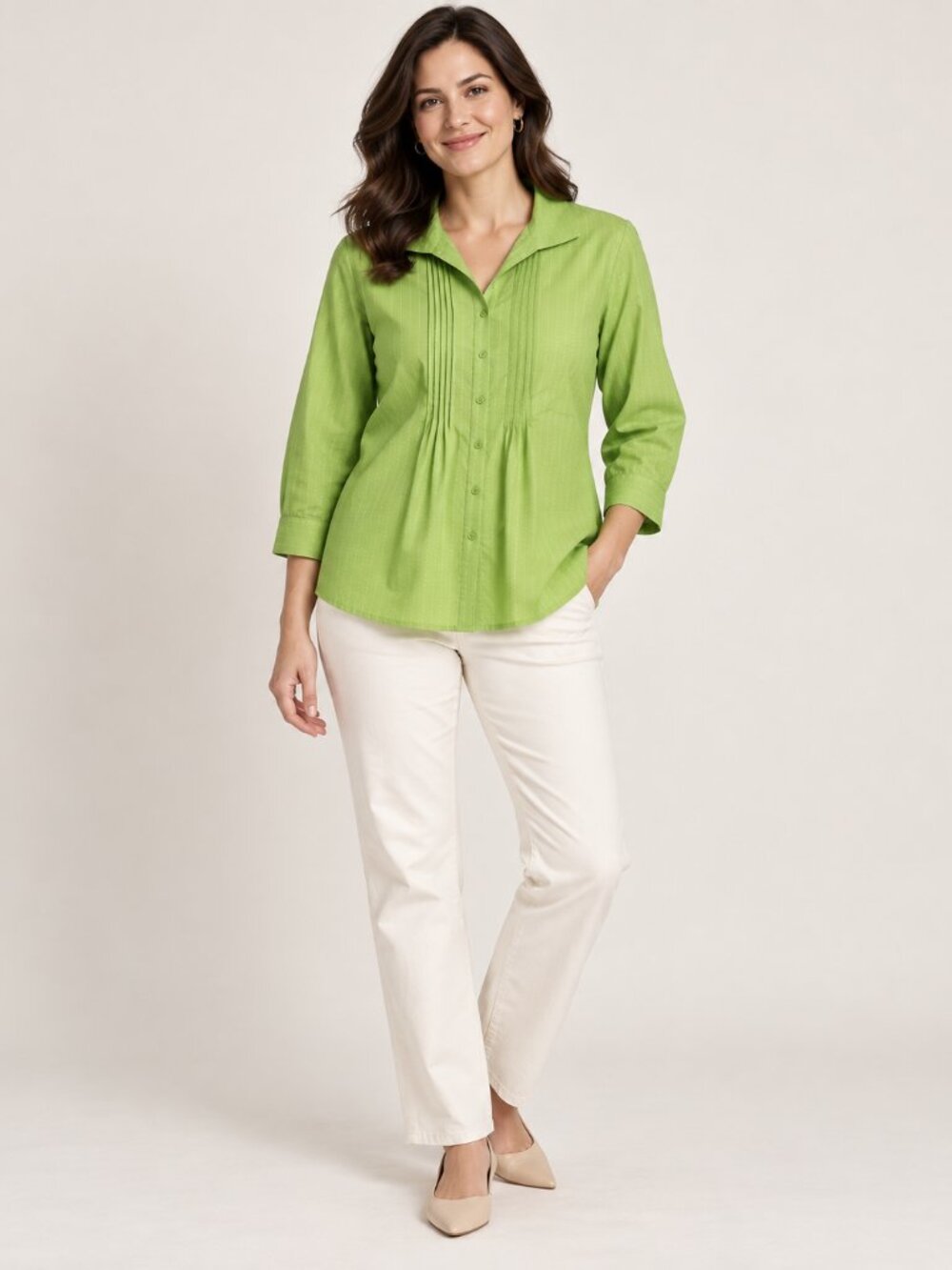 Coldwater Creek 1X Green Dobby Pintuck Button Front Blouse NWT